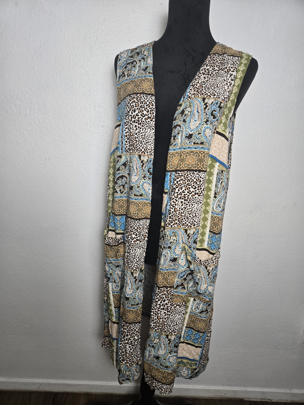 Patchwork Paisley & Animal Print Open Front Duster Vest Cato